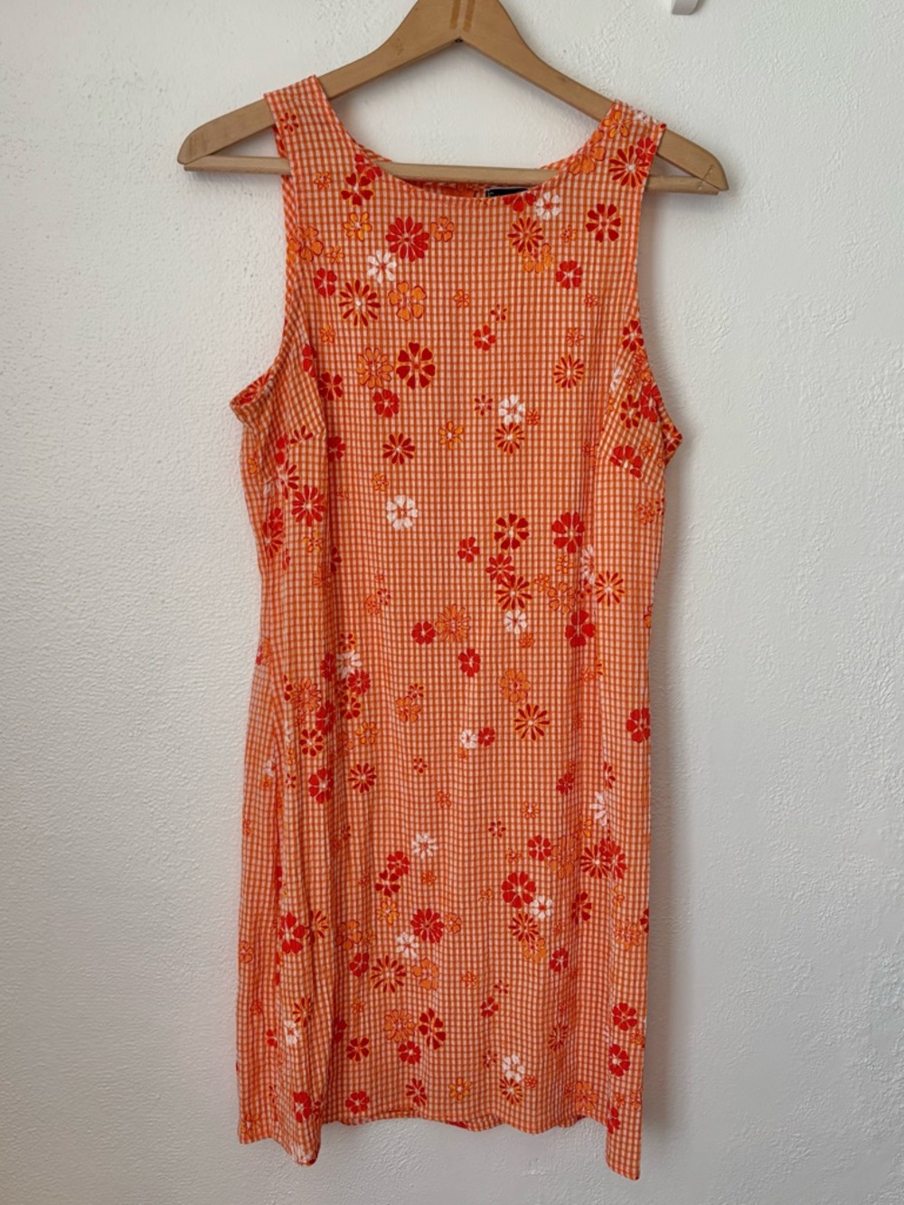 Vintage Y2K Orange Gingham Floral Shift Dress XS 90s Retro Mini